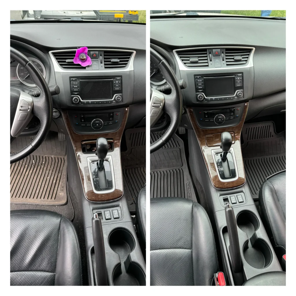 Interior console before and after a Premium Interior detail